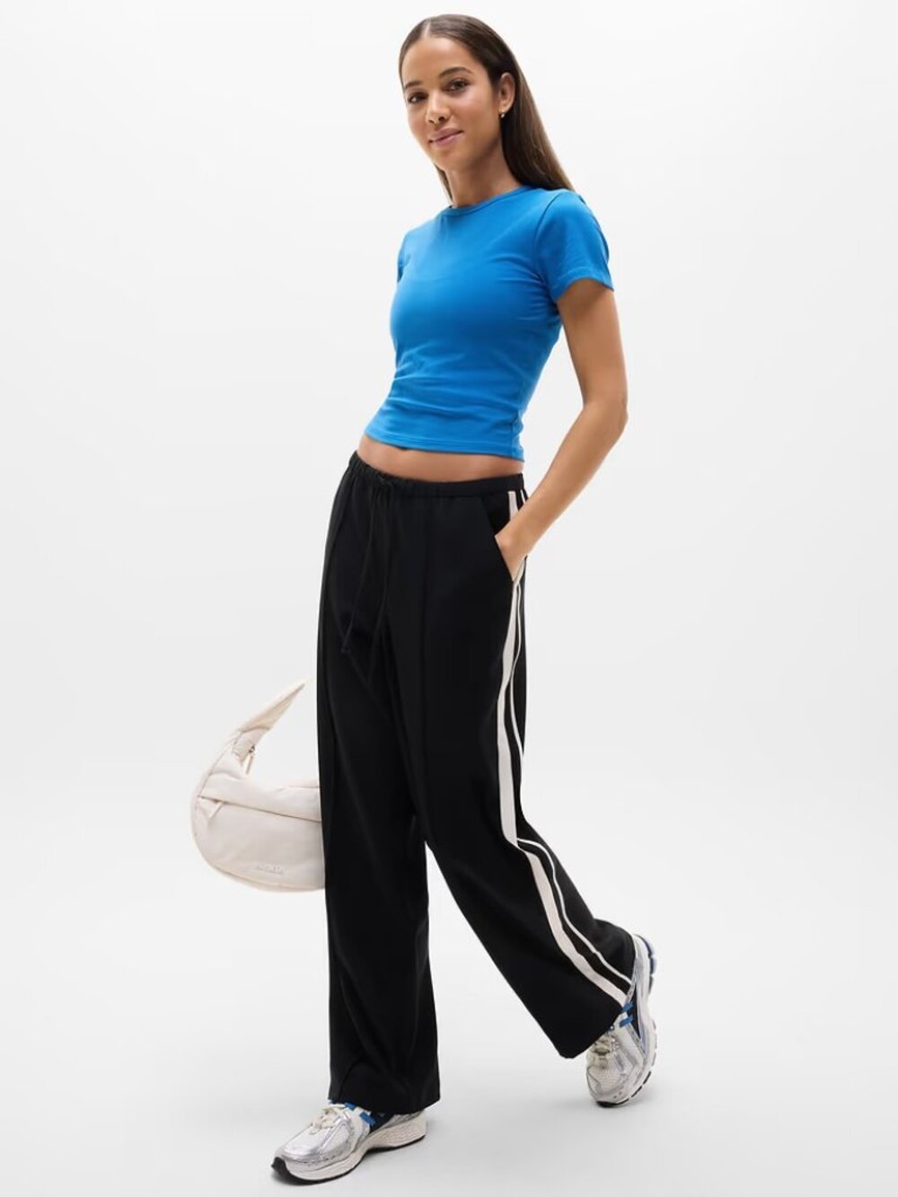 New Athleta M Signature Rib Crop Tee Breaker Blue Medium Regular - Picture 2 of 7
